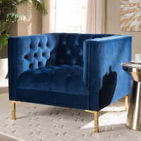 Baxton Studio TSF-7723-Navy/Gold Zanetta Luxe and Glamour Navy Velvet Upholstered Gold Finished Lounge Chair